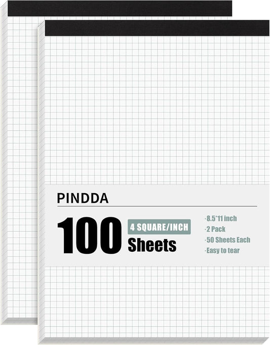 Graph Paper Notebook, 2 Pack, 8.5 x 11 Grid Paper, 4x4 Graph Ruled, 50 Sheets per Pad, Easy-Tear Perforations, 8.5 x 11 Cardboard Backing, for Math, Drafting, Drawing, Engineering