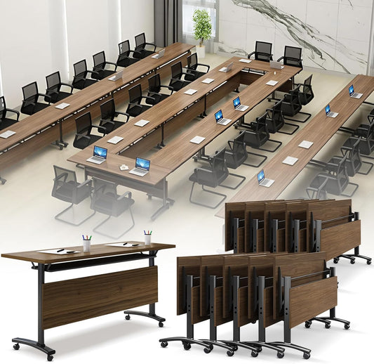 Folding Conference Room Table, Modern Conference Tables with Wheels, Large Rectangular Mobile Training Tables for Office Classroom, Foldable Modular Boardroom Seminar Table Walnut (10pack L47.2in)
