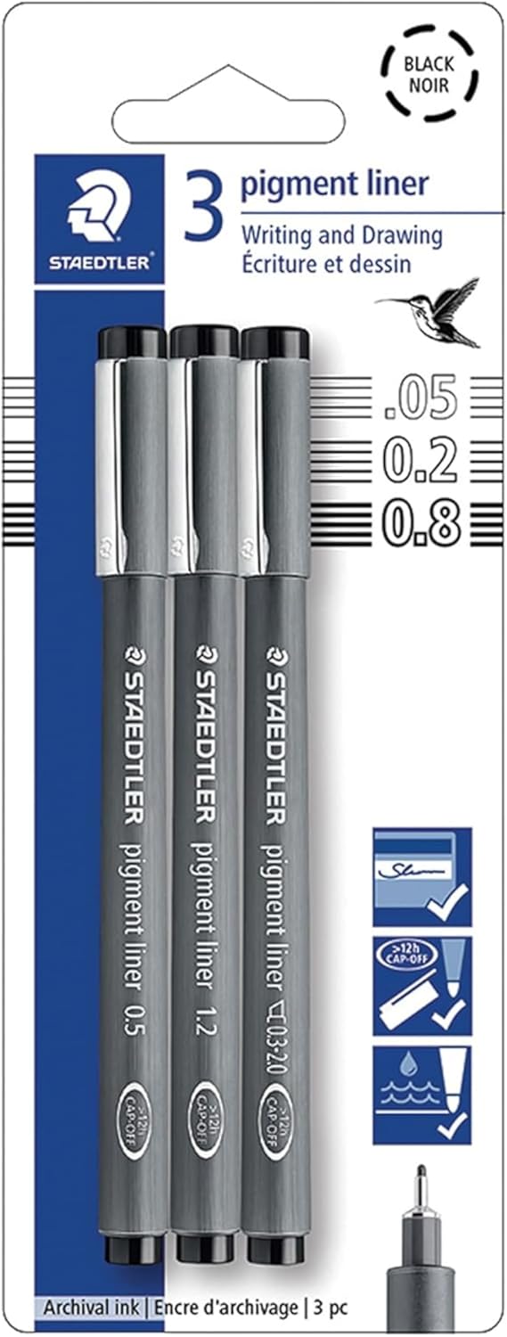 STAEDTLER Pigment Liner Pack, Black, 3 Pens, Assorted Line Widths 0.05mm/0.2mm/0.8mm, 308-9SBK3