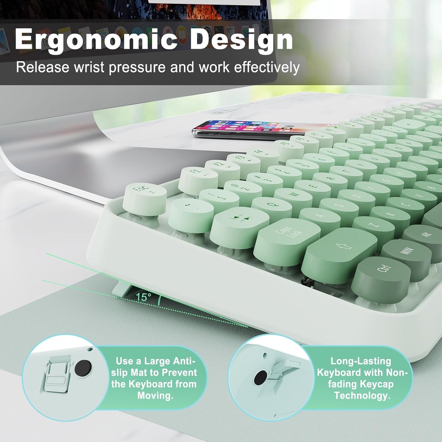 FOPETT Wireless Keyboard and Mouse Combo - 2.4G Full-Sized Cute Colorful Mouse and Keyboard with 104 Round Keys Retro Typewriter Keyboard for Laptop/Windows/PC - Green Gradient