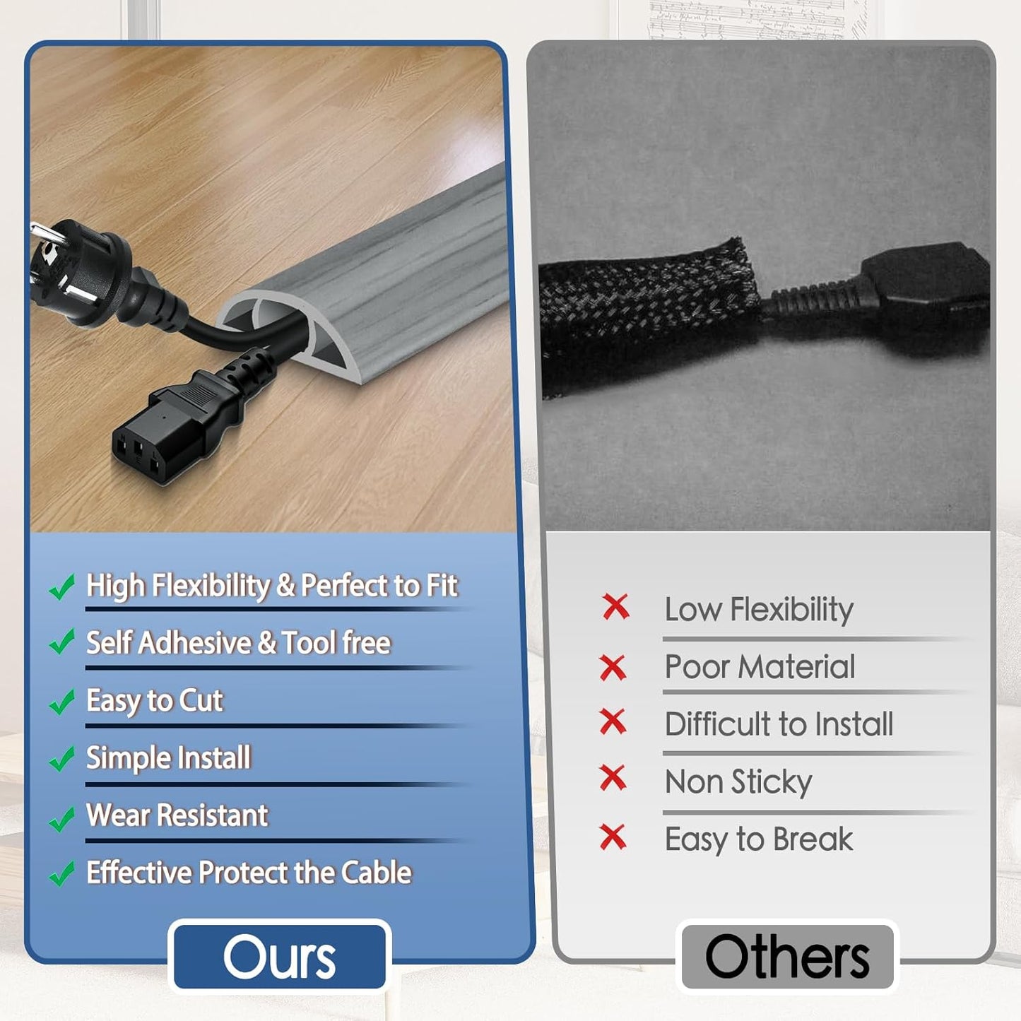 Floor Cord Cover for Wires on Floor Self Adhesive Cord Hider Floor Cable Management Wire Covers for Cords Protector Prevent Cable Trips Cord Cavity W 0.59" x H 0.31", Gray Wood, 10Ft