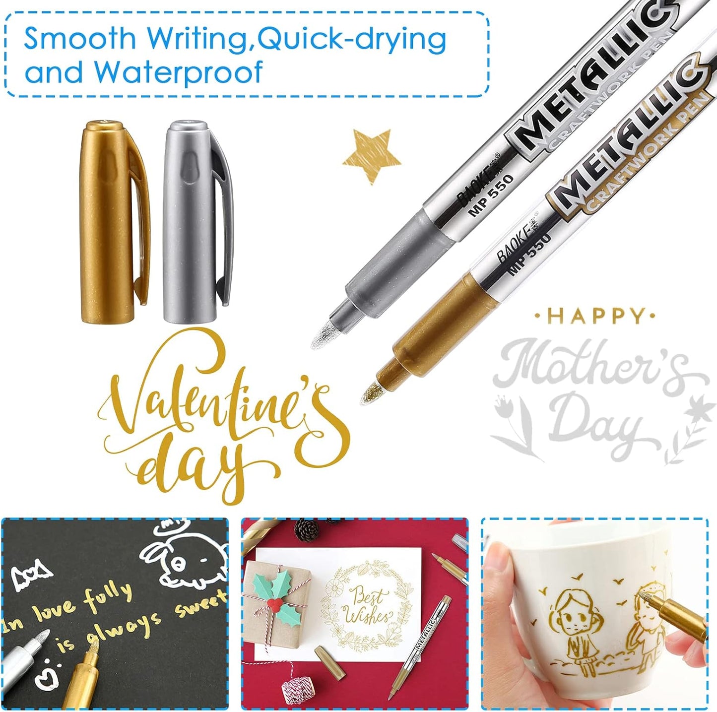 LOONENG Gold and Silver Marker Metallic, Fine Point Gold and Silver Markers Permanent Metallic for Artist Illustration, Crafts, Gift Card Making, Scrapbooking, Fabric, DIY Photo Album, 8 Count