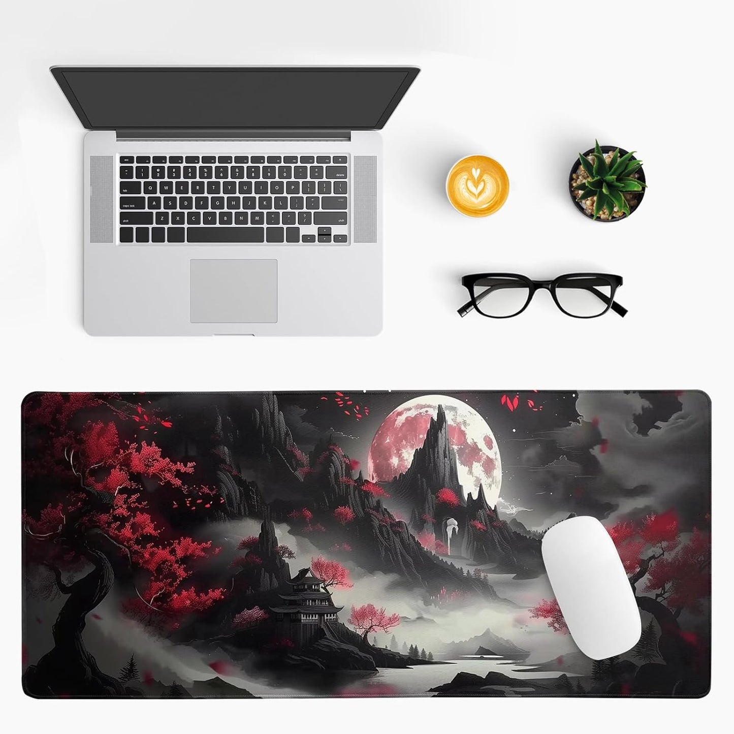 Japanese Desk Mat Red Full Moon Desk Pad Black Riverside Large Mouse Pad Gaming Mousepad Extended XL Keyboard Pad 31.5 x 11.8 in Laptop Computer Mouse Keyboard Mat for Office Desk Decor