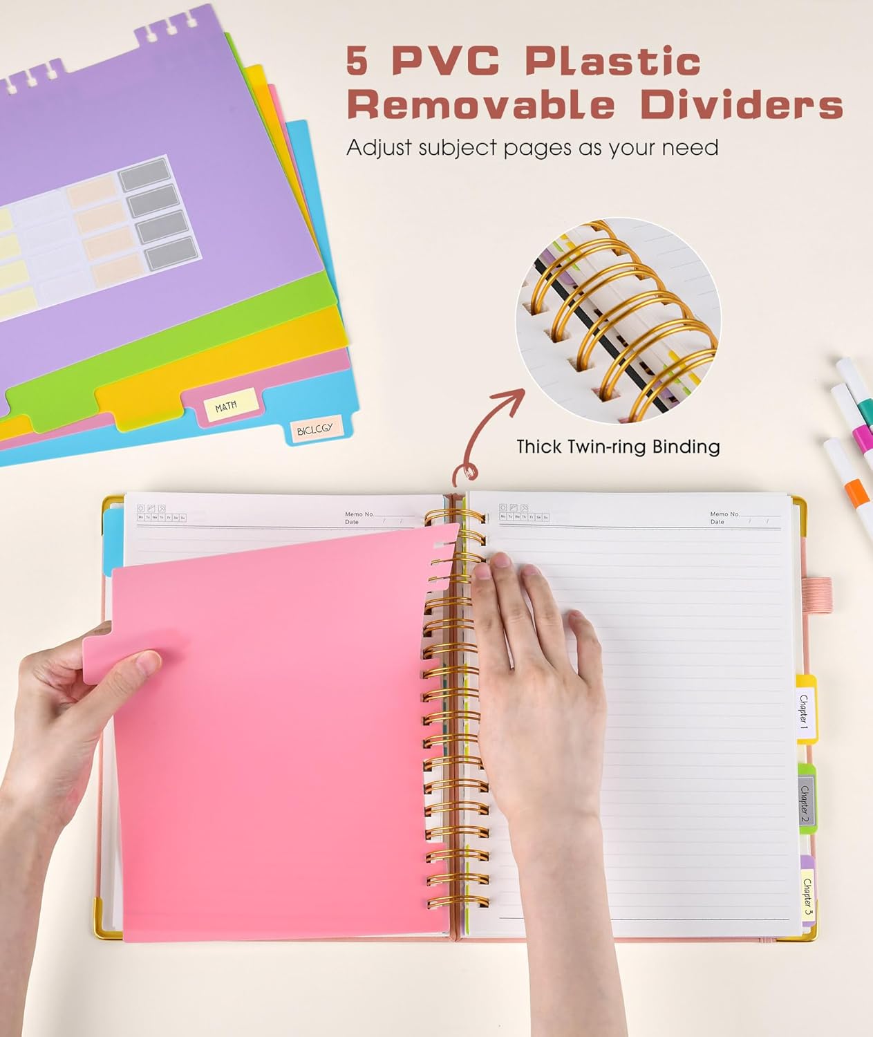 Hardcover Spiral Notebook Journal with Removable Dividers Tabs, 300 Pages Leather 5 Subject Notebook College Ruled, 8"x10" Large B5 Notebooks for Work School Note taking, Lined Journal for Women, Pink