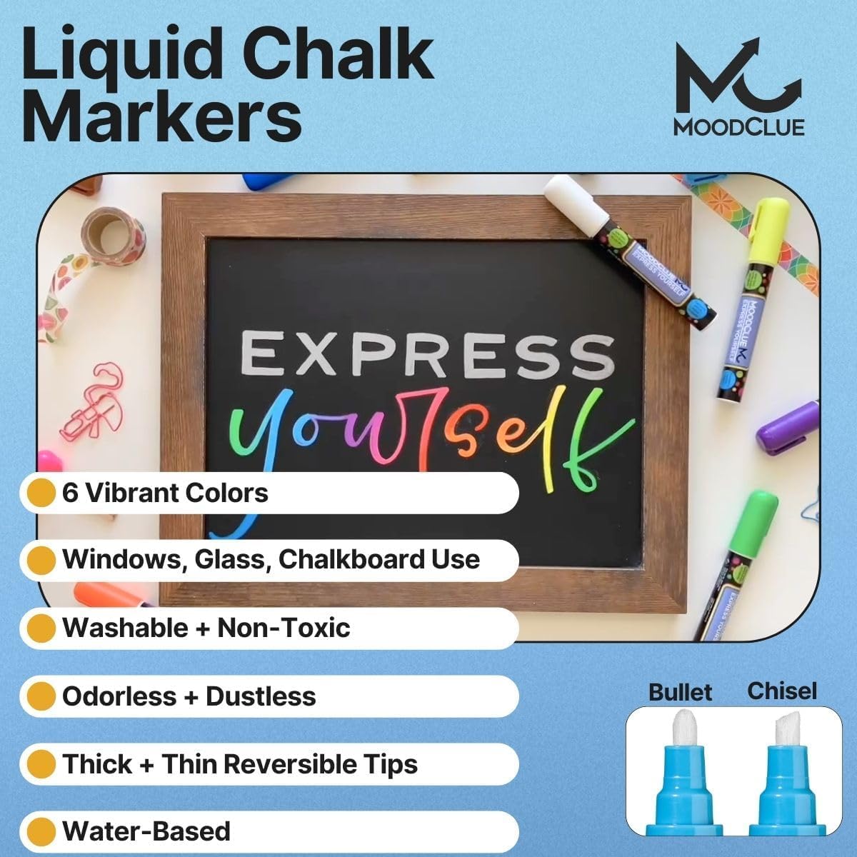 Liquid chalk markers washable, erasable, dry or wet erase. 6 neon markers for whiteboards, glass boards, mirrors, chalkboards, windows, car windshields, glass. Non-toxic, reverse tip pens