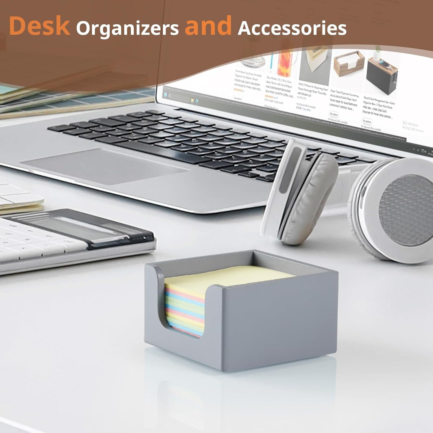 Gray Sticky Note Holder, Wood Post It Note Dispenser for Office Desk Accessories, Self Stick Note Pad Holder, Memo Pad Holder Dispenser Organizer for School Office Desk Supplies