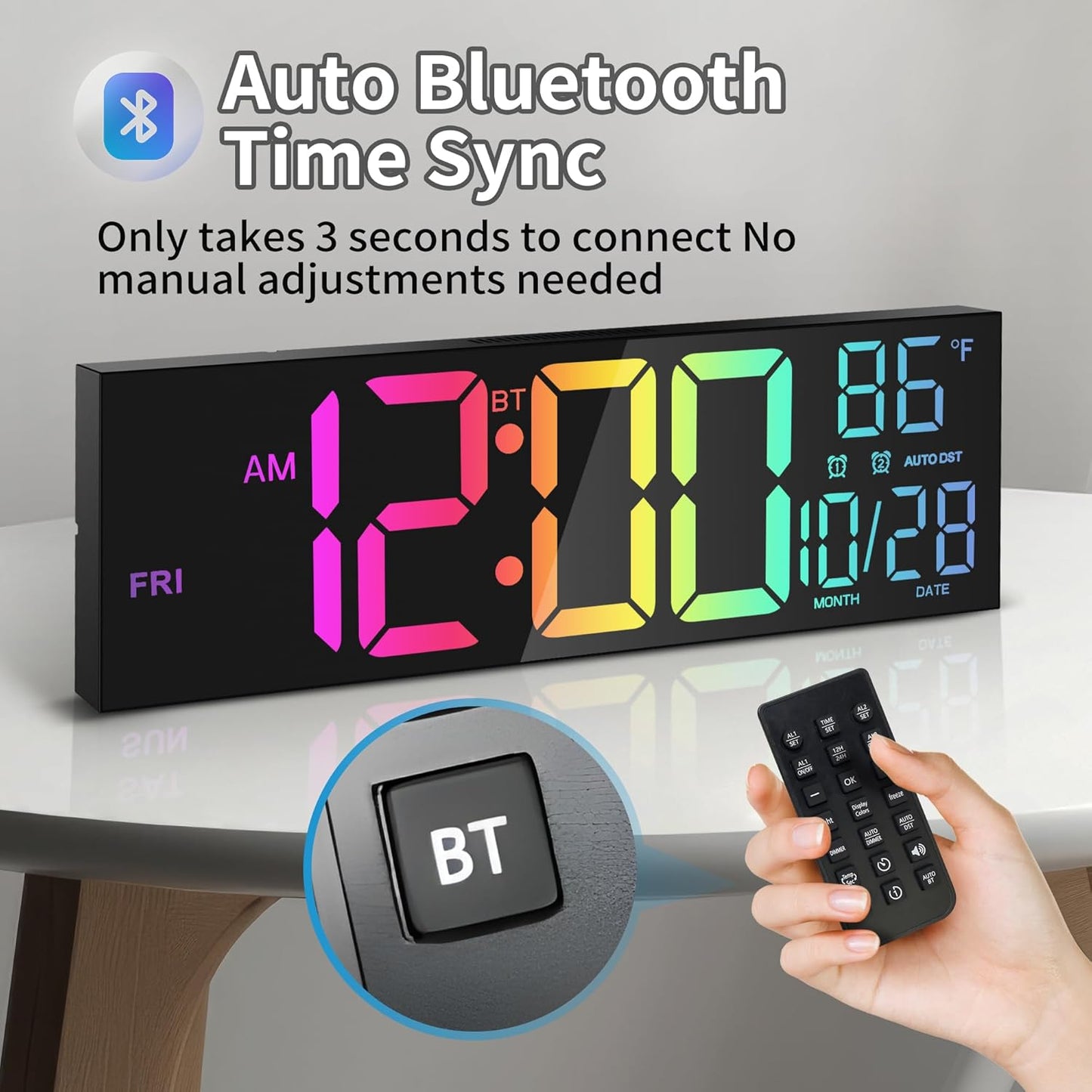 16.5" Large LED Wall Clock with Bluetooth Sync, Night Light, DST, 2 Alarms, RGB Color, Temperature, Remote Control, 12/24H, Timer for Living Room, Bedroom, Desk, Gift for Mother Father Elderly
