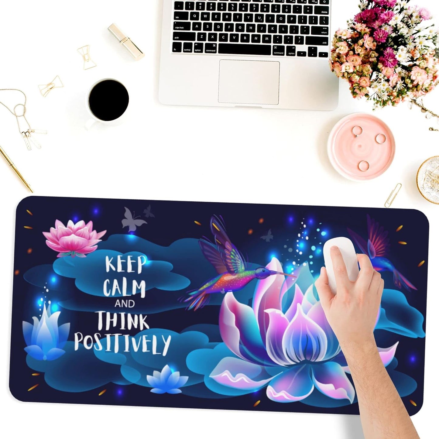 Desk Mat,Hummingbirds and Lotus Extended Gaming Mouse Pad for Office Work & Game,Computer Keyboard Mouse Mat Desk Non-Slip Rubber Base Large Mousepad with Stitched Edges, 31.5x15.7inch