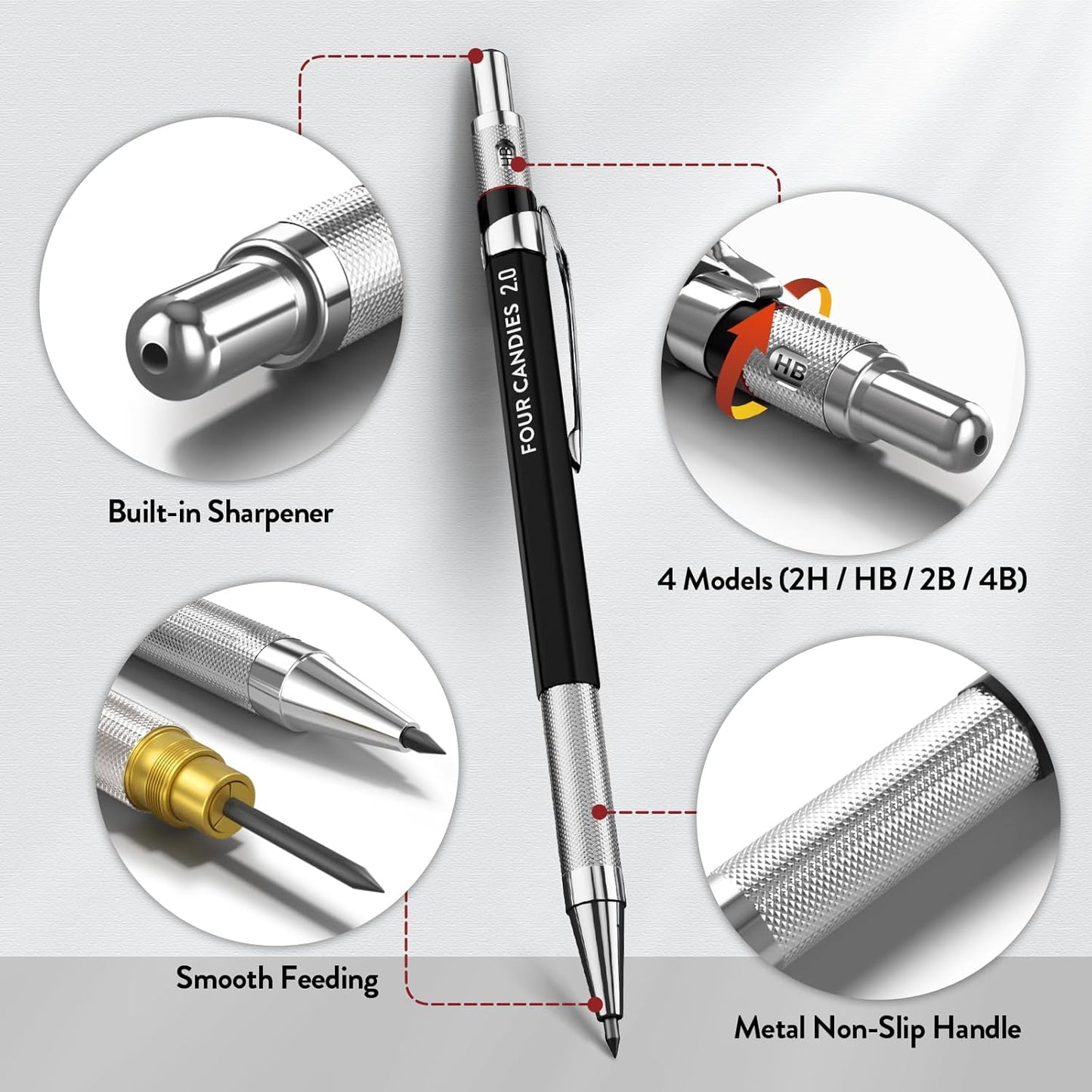 Four Candies 3PCS 2MM Mechanical Pencils with case, Artist Led Pencil Metal Lead Holder with 120 Graphite Lead Refills(HB 2H 2B 4B Color), 4 Erasers, Sharpener, Drafting Pencil for Drawing, Sketching