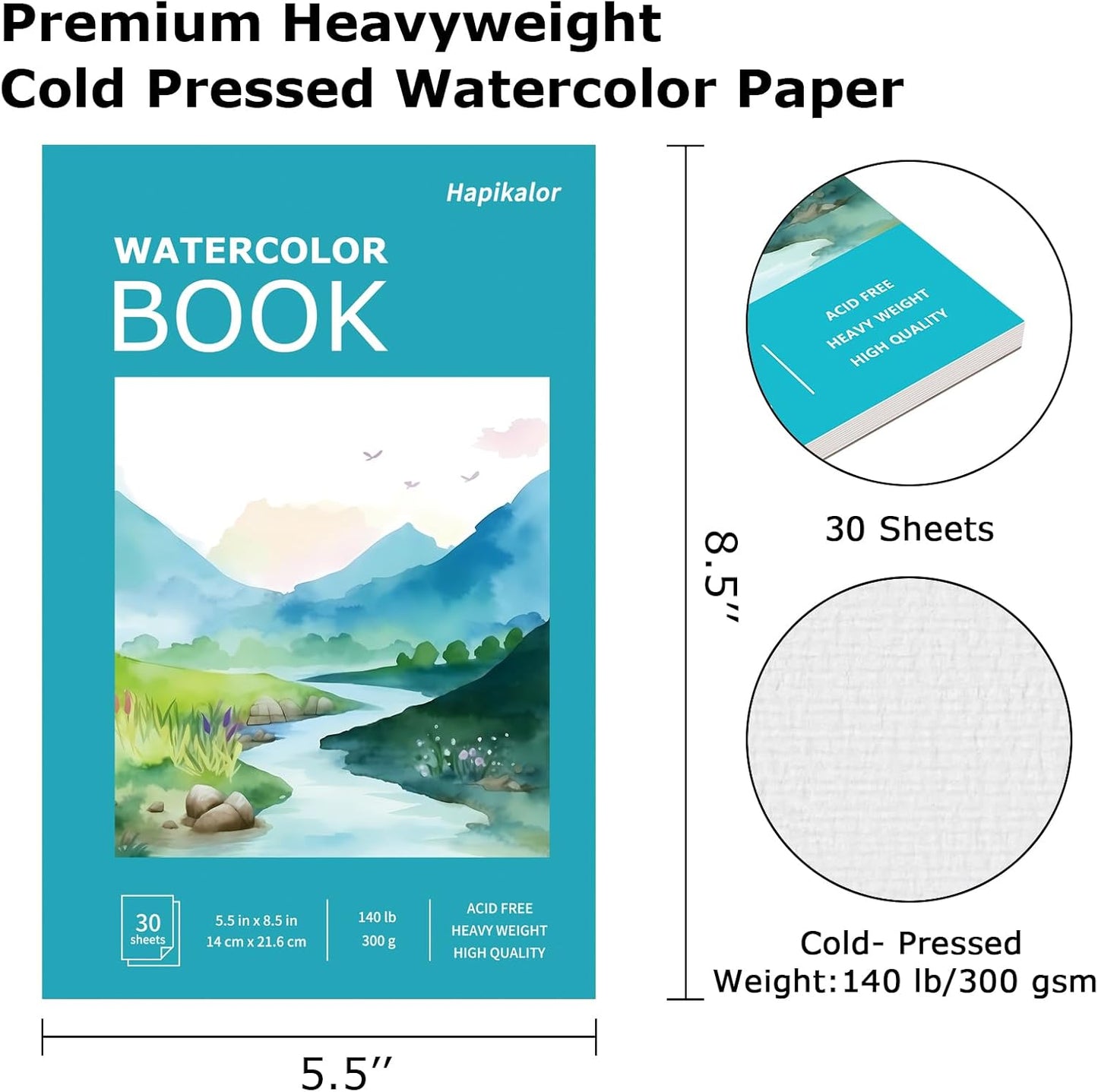 Hapikalor 5.5"x8.5"Watercolor Small Sketchbook for Kids, 30 Sheets (60 Pages) Spiral Bound, Water Color Paper, 140lb/300gsm Watercolor Paper, Watercolor Notebook, Watercolor Journal, Sketch Pad, Teal