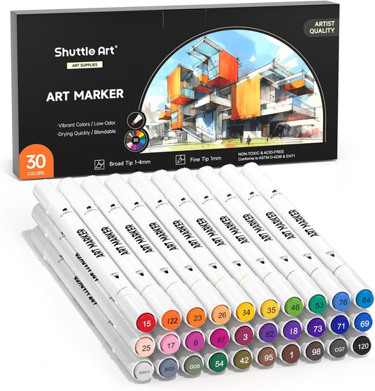 Shuttle Art 30 Colors Dual Tip Art Markers Permanent Marker Pens Highlighters Perfect for Illustration Adult Coloring Sketching and Card Making