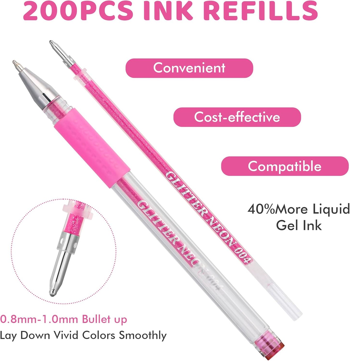 200 Colors Gel Pen Refills, Glitter Neon Gel Ink Pens Refills,Replace Cartridges for Gel Pens Set,9 Color Type for Kids Adult Coloring Books Drawing Doodling Crafts Scrapbooking Journaling,No Repeats