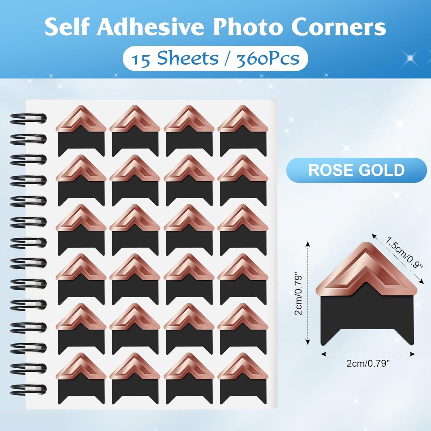 GOONAVI 15 Sheets 360 PCS Rose Gold Photo Corners Notebook, Self-Adhesive Corners for DIY Album Journal, Corner Stickers for Trip Memory Book
