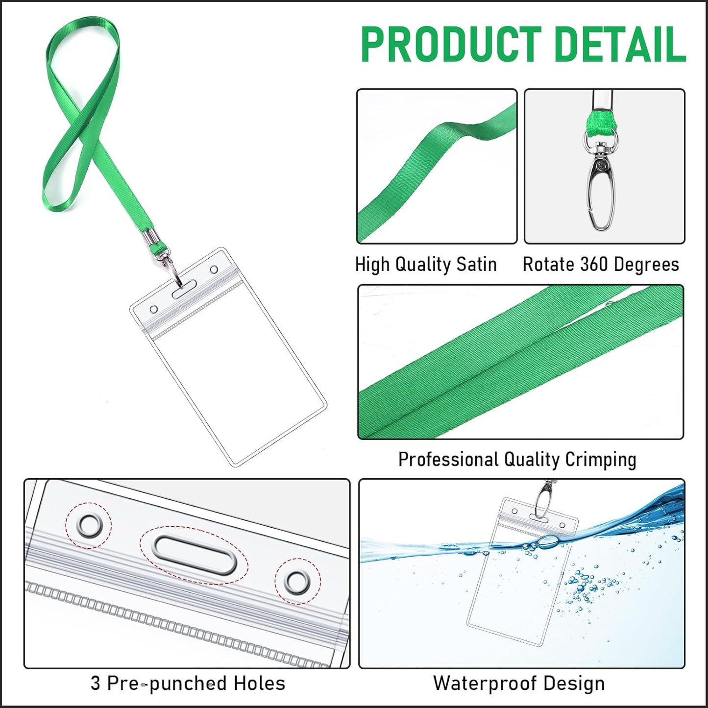 Fumete 100 Sets Name Tag Lanyards with ID Badge Holder Durable Clear Cruise Teacher Lanyards with Plastic Waterproof ID Badge Holders Bulk for Adults Teacher School Office Ship Cards(Green)