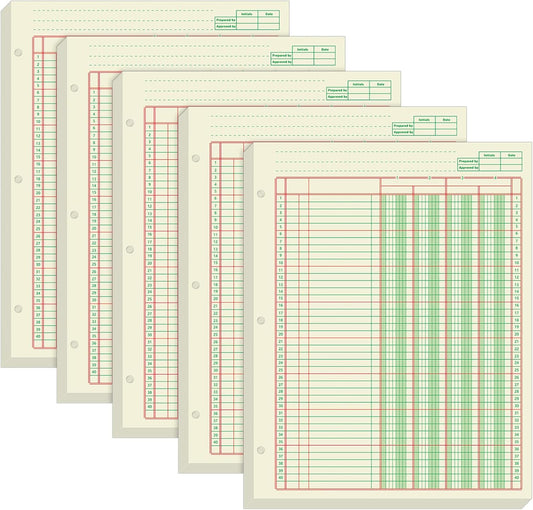 Fulmoon 5 Pack 250 Sheets Ledger Paper Accounting Columnar Pads 3 Hole Analysis Accounting Ledger Book for Business, 50 Sheets/Pack, Single Page Format, Green(8.5 x 11 Inch,4 Columnar)