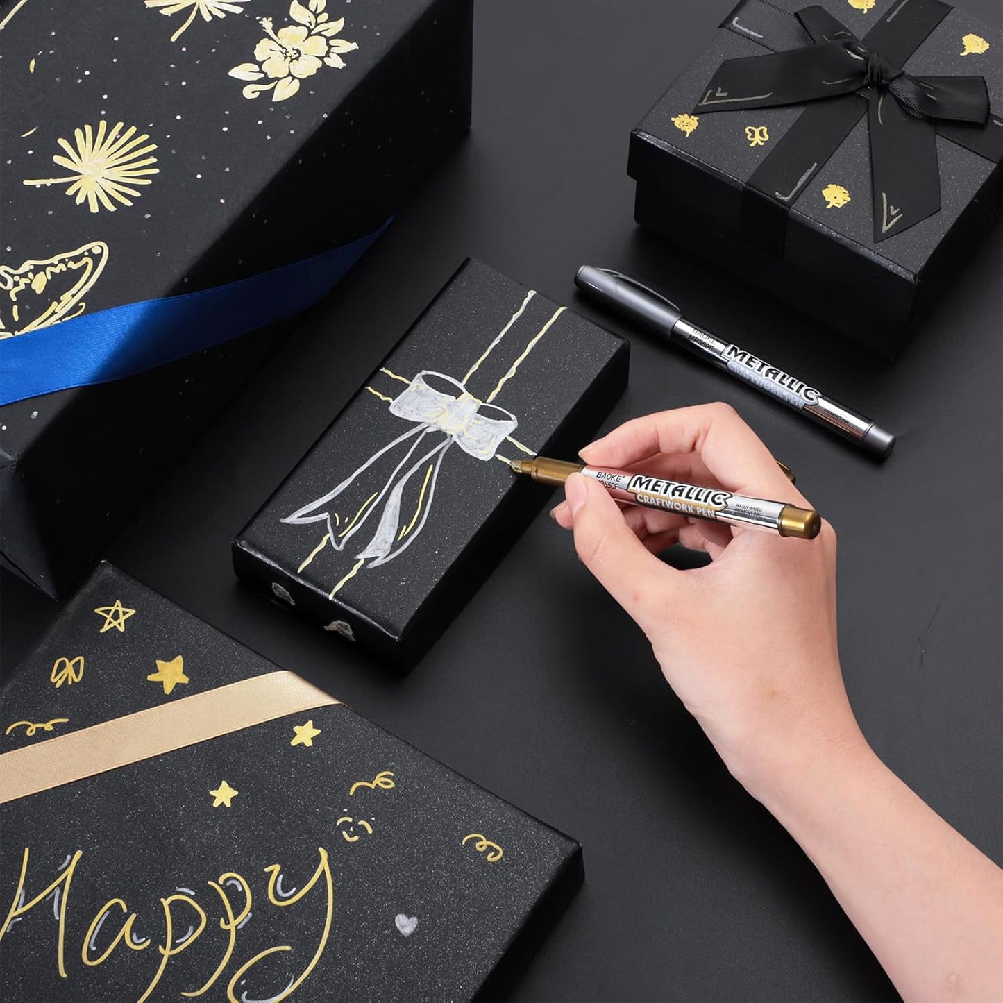 12 Pack Metallic Markers Pens, Water Based Silver & Gold Paint Pens, Gold & Silver Ink Pen with Durable Fine Point Tip for Black Paper, Rock Painting, Halloween Card Making, Multi Surface Art Crafts