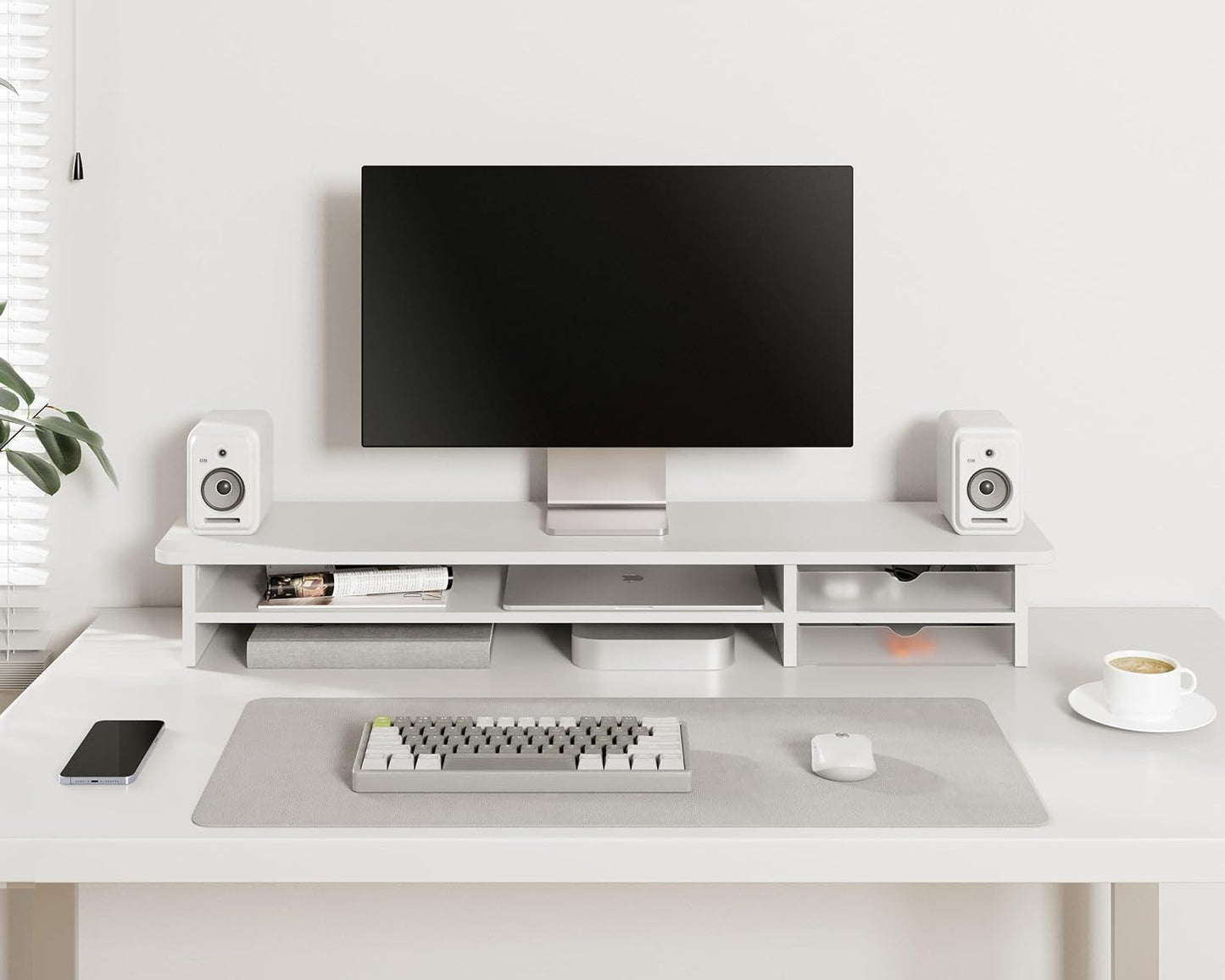 Fenge Monitor Stand, Dual Monitor Riser, 42.5inch Large Desk Computer Monitor Stand Riser with Drawer, 2 Tier Wood & Acrylic Desktop Organizer for Computer, Laptop, Printer, TV Screen Riser