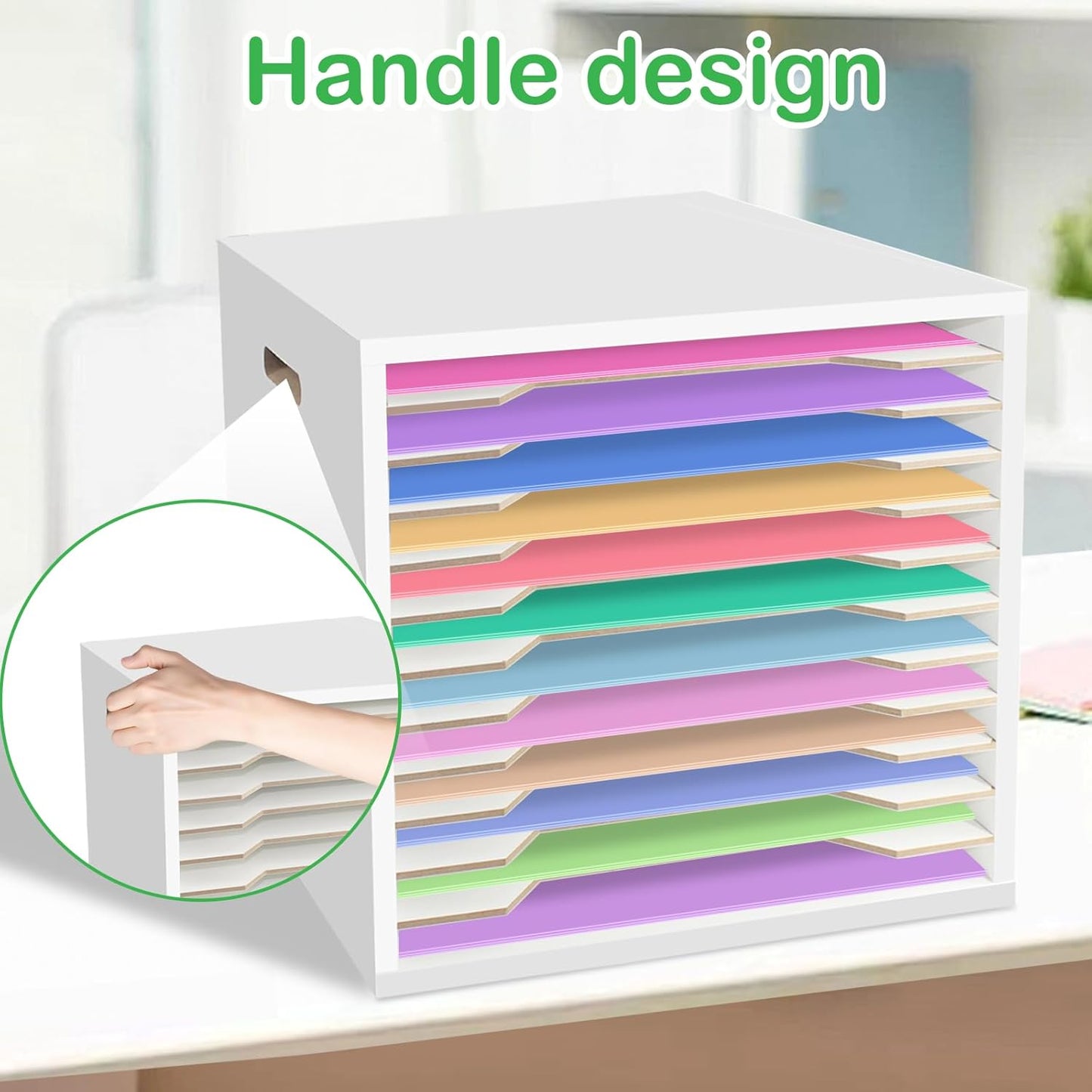 13"x13" Wooden Construction Paper Organizer, 12 Tier Larger Size Literature Organizer with Adjustable Shelves Letter Mail Tray Craft & Stamp Stackable Cardstock Storage Rack for Home Office Classrooms