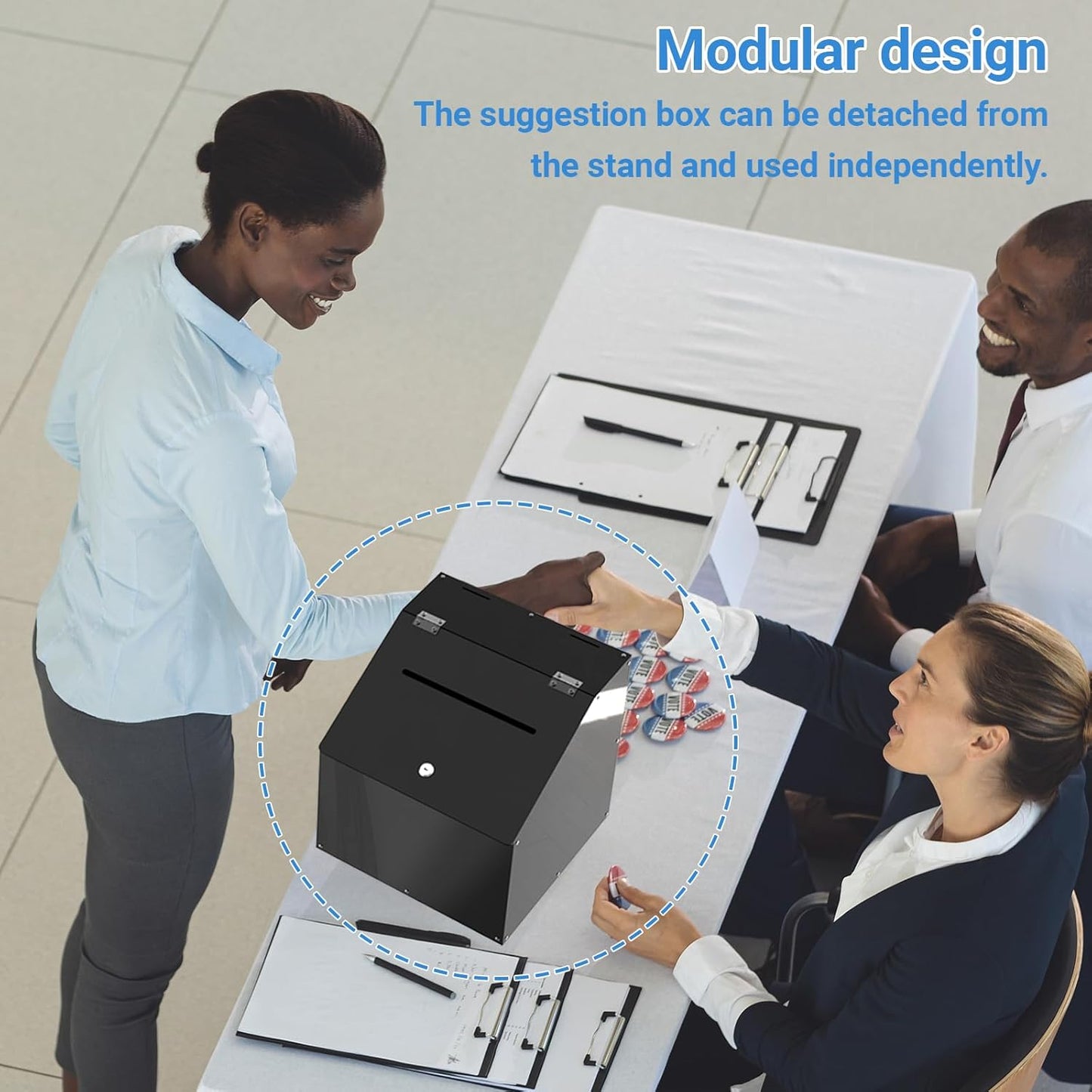 GARVIN Acrylic Suggestion Box with Lock and Key for Voting, Charity, Church & Event Fundraising, Collection Offering/Raffle Ballot Box with Sign Holder Display Stand, Locking Casters, Black