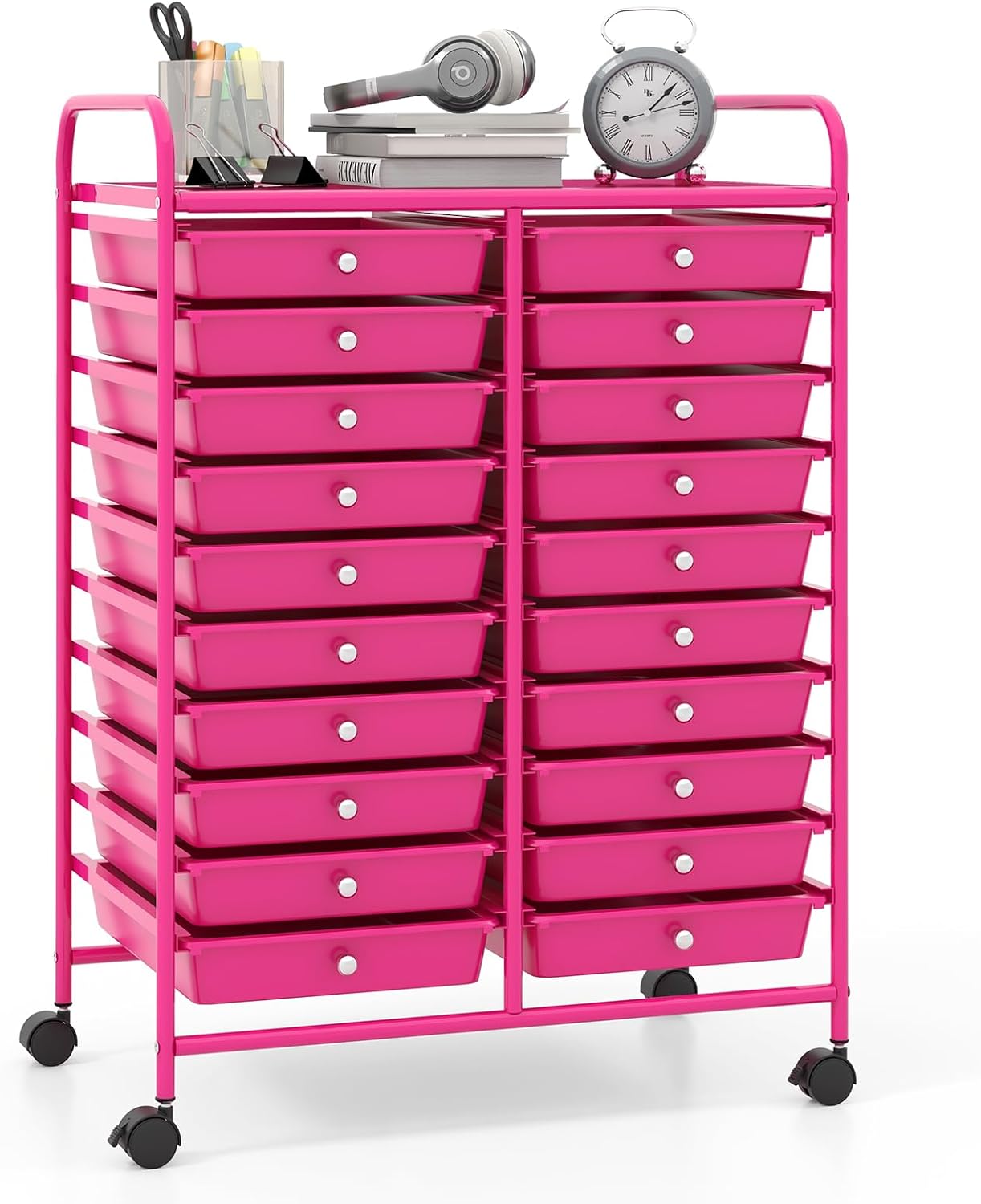 Giantex 20 Drawers Rolling Cart, Mobile Storage Drawer Cart, Classroom Organizer for Office School Supplies Teacher Tools Scrapbook Paper Craft Small Printer, Utility Stand on Wheels, Hot Pink