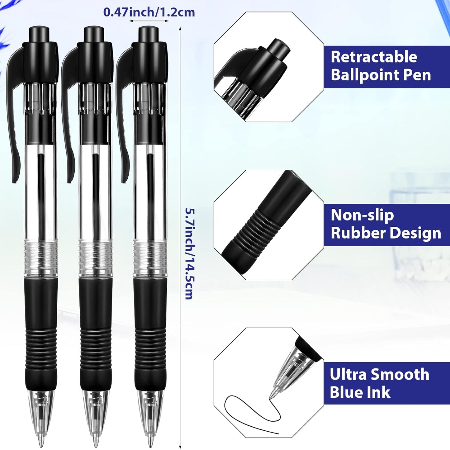 Fainne 200 Pack Retractable Ballpoint Pen 1.0 mm Medium Point Refillable Smooth Click Writing Pens With Grip for Work Journal Writing Office School Supplies(Black Ink)
