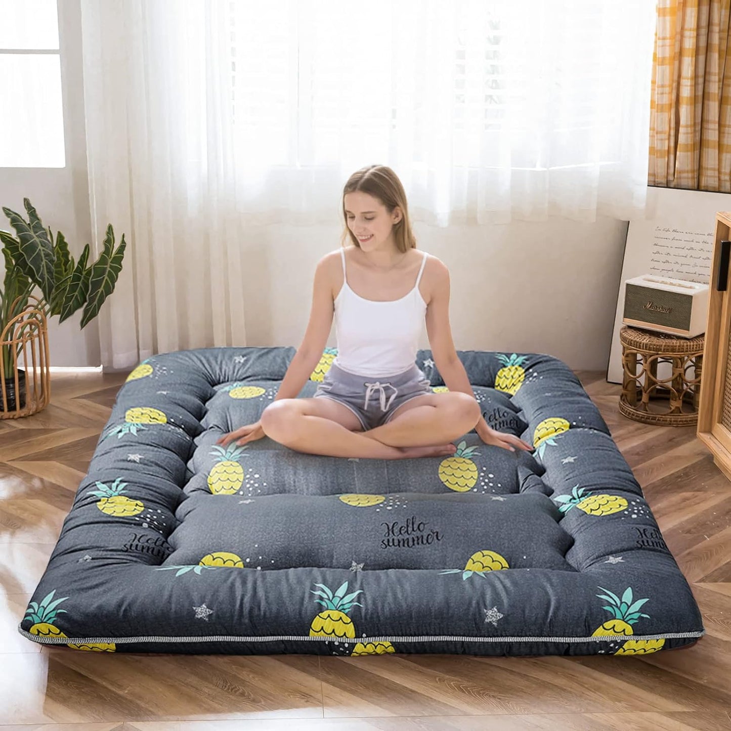 Grey Pineapple Japanese Floor Futon Mattress, Tatami Floor Mat Portable Camping Mattress Kids Sleeping Pad Foldable Roll Up Floor Lounger Couch Bed Full Size with Mattress Protector Cover