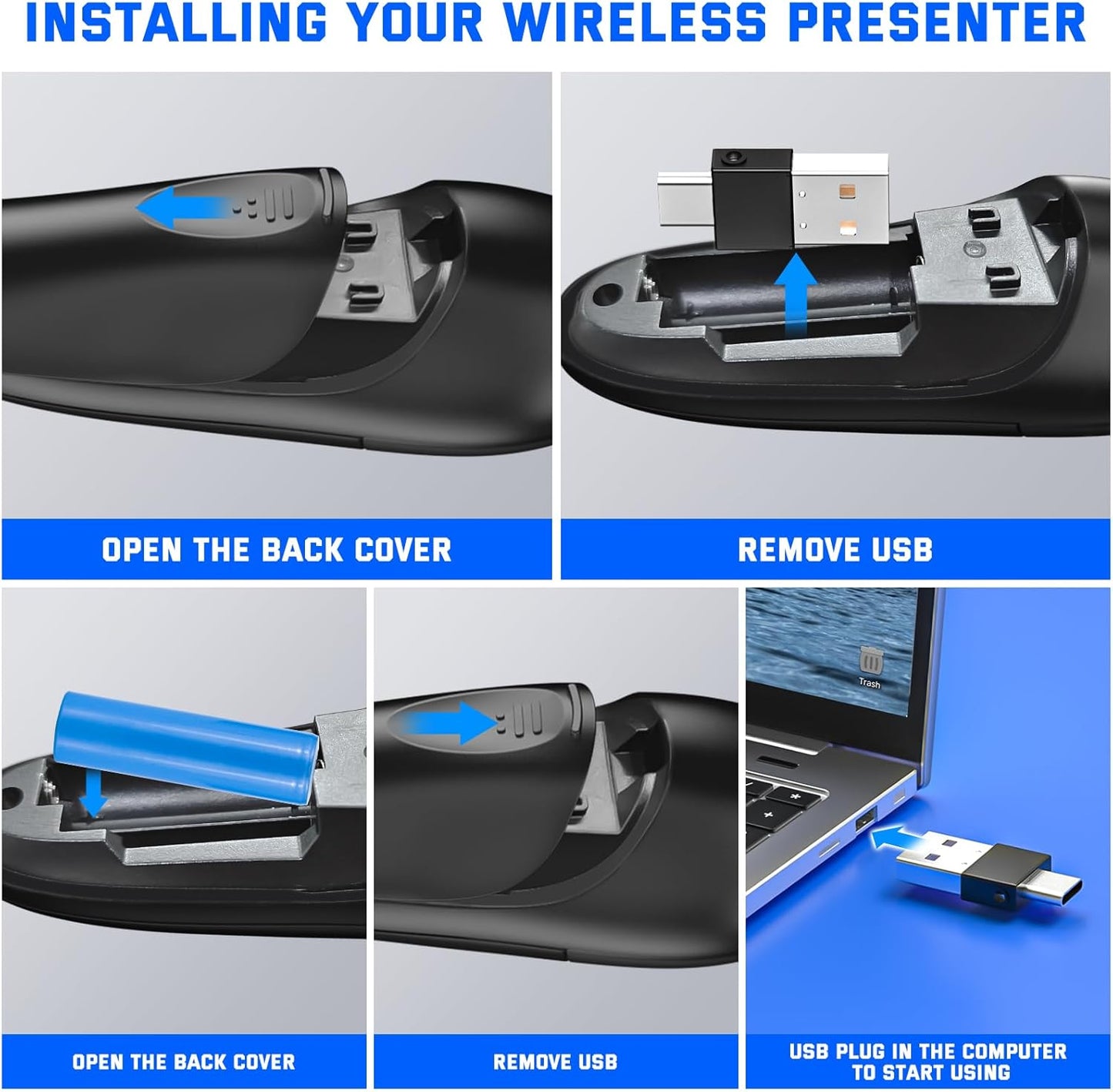 2-in-1 USB Type-C Presentation Clicker, Clikcer for Powerpoint Presentations, Presentation Clicker Wireless Presenter Remote Clicker with Volume Control, Presentation Remote Google Slide Advancer