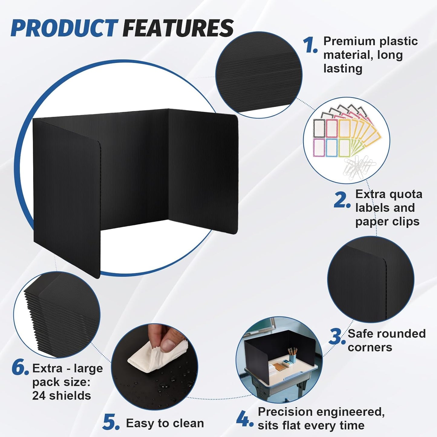 2 Pack Desk Dividers for Students,3-Fold Privacy Screens,Testing Dividers for Classroom Waterproof,Plastic Easy Clean Privacy Shields for Student Includes Extra Labels
