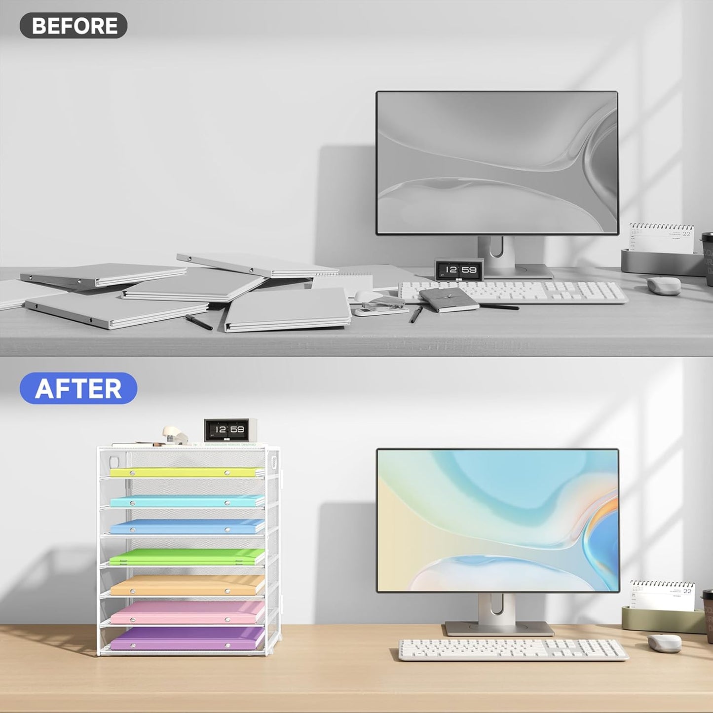 2 Pack 8 Tier Paper Organizer with Handle, Metal Mesh Desk File Organizer, Large Capacity Desk Organizers Paper Letter Tray Desktop Document Sorter for Office, Home or School - White