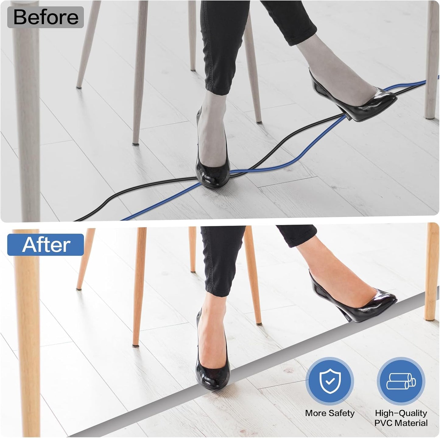 Floor Cord Cover Self Adhesive Cord Hider Floor Extension Cord Covers for Floor Power Cord Protector Cable Management Prevent Cable Trips Cable Cavity 0.51" W x 0.31" H (Grey, 20Ft)