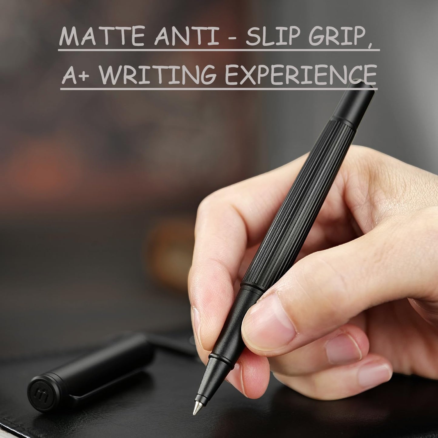 BEILUNER Lighthouse series Rollerball pen, matte black pen body, exquisite vertical lines, Schneider 850 refill, suitable for men, office, professionals, exquisite and chic designer pen