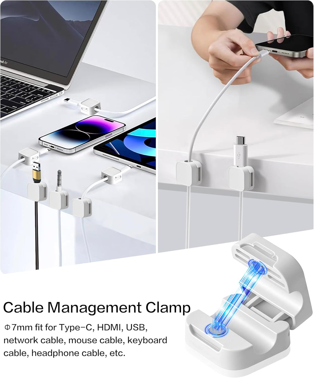 10 Pack Desk Cable Strong Adhesive Management Clips，Organize Phone Charging Magnetic Cable Wire Holder, Easy to Open, for Desk, Wall, Office, Car,Nightstand(White)