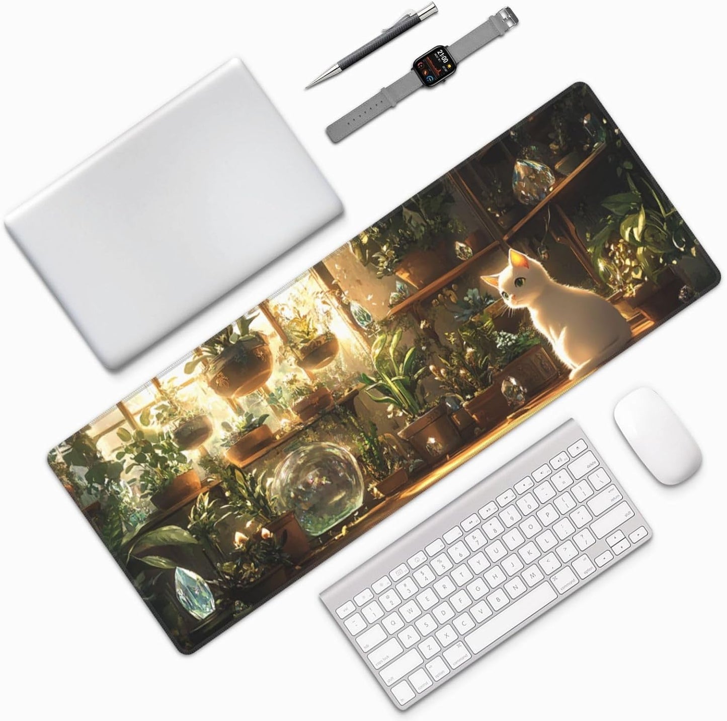 Cat Plant Mouse Pad 31.5 X 11.8 Inch Big Desk Rubber Base Stitched Edges Keyboard Pad XXL Mouse Mat for Home Game and Office