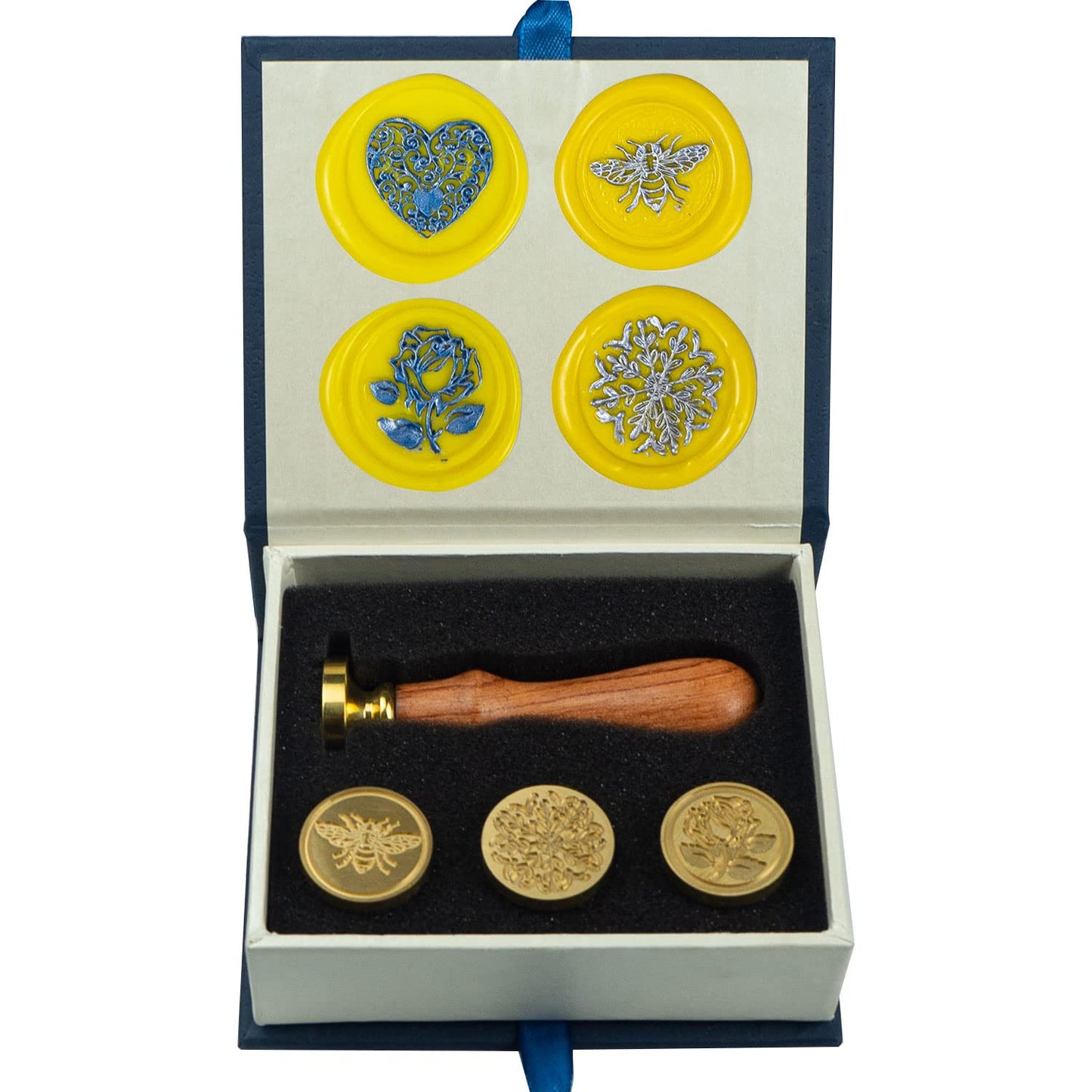Flower Wax Seal Stamp Set with 4 PCS Removable Brass Heads and 1 Wooden Handle - Retro Heart Rose Bee Flourishing Leaves Sealing Wax Stamp for Cards Invitations