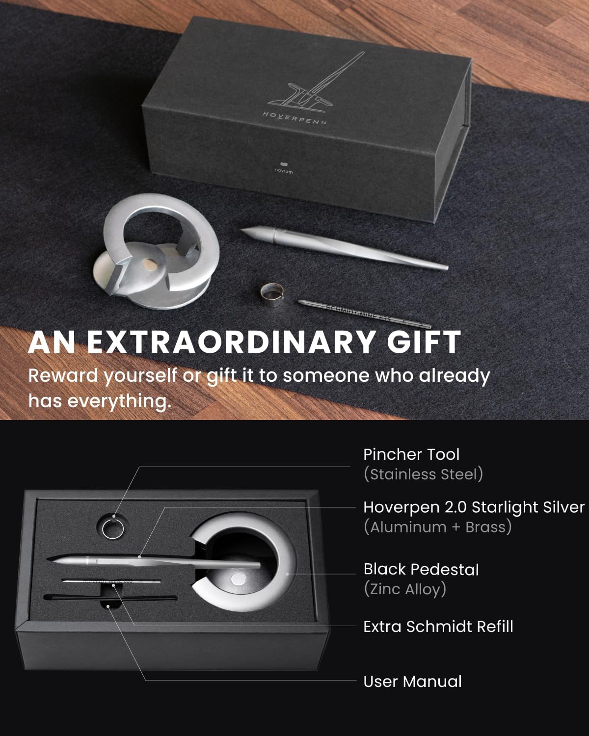 novium Hoverpen Interstellar - German-engineered Ballpoint Pen with Magnetic Features, Starlight Silver