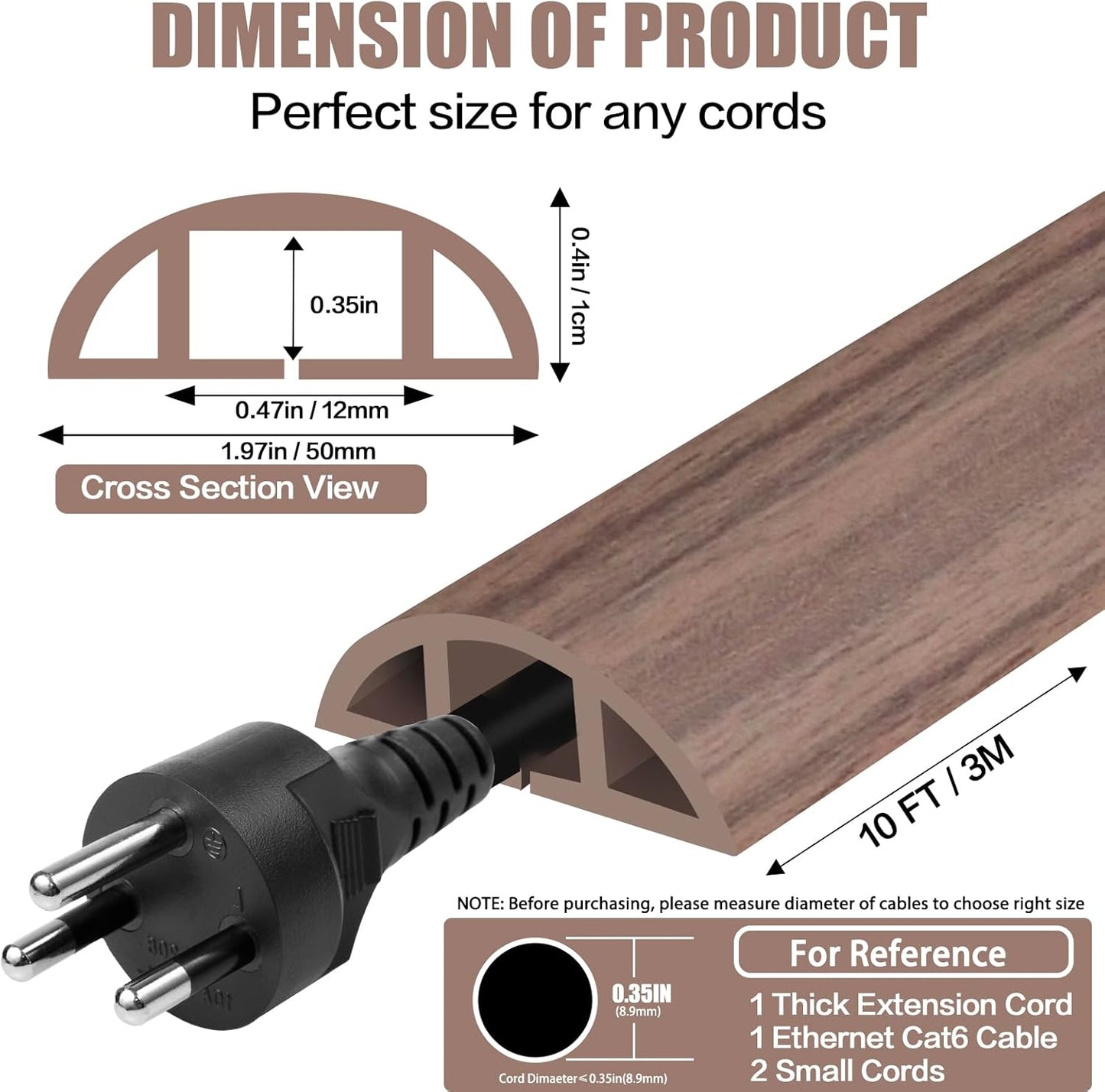 Floor Cord Cover Self Adhesive Cord Hider,10FT Cable Management, Extension Strip Protector for Wires, Prevent Cable Trips for Offices, Gyms, Exhibitions Cavity:0.47"(W) x 0.35"(H) Wood Walnut