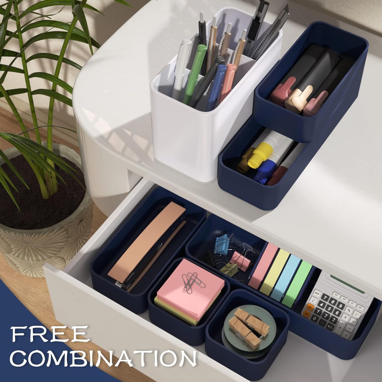 CHANCETSUI 6 PCS Stackable Drawer Organizers Set, Versatile Desk and Vanity Drawer Organizer Trays, Storage Bins for Makeup, Bathroom, Bedroom, Kitchen and Office, Blue