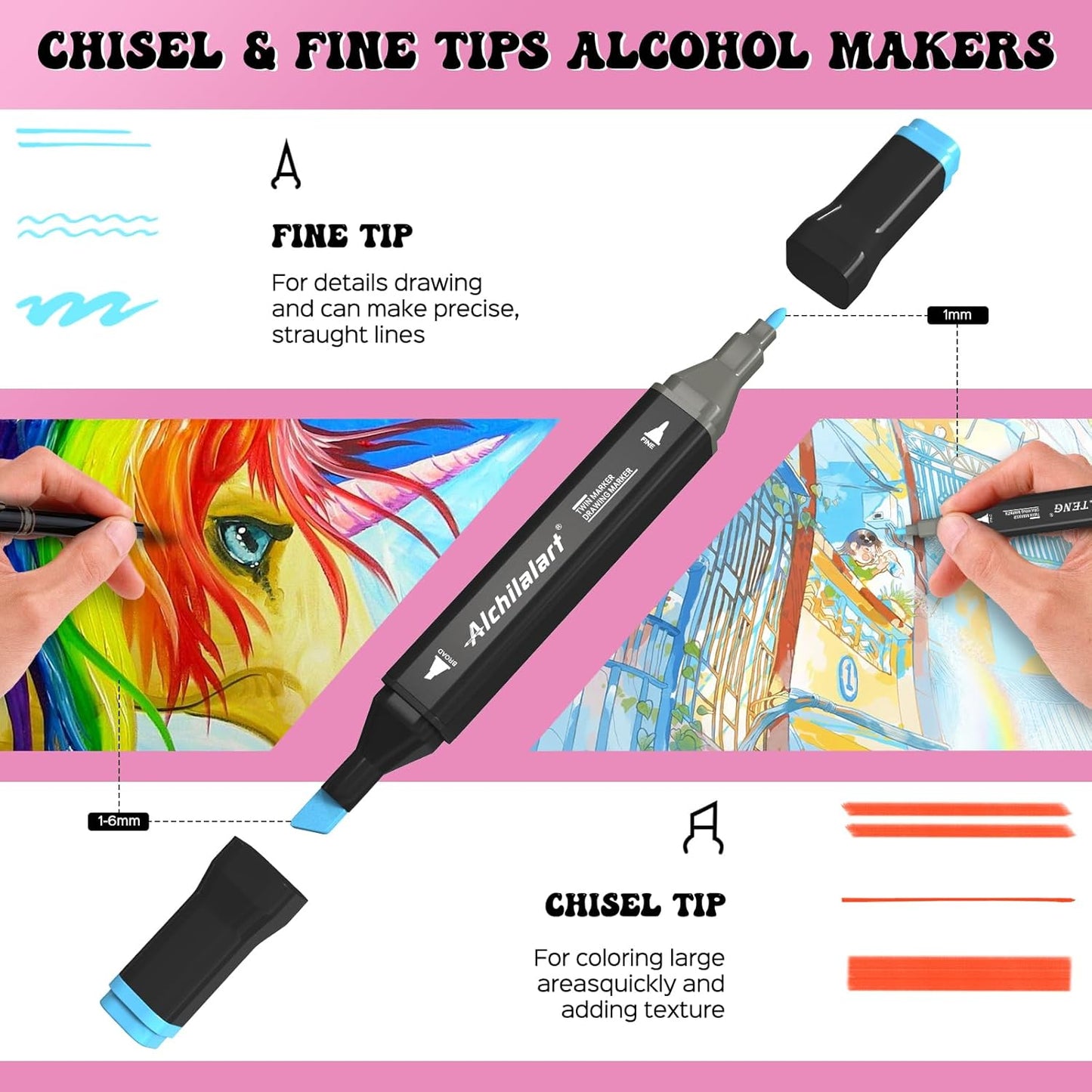 alchilalart 48 Colors Alcohol Based markers, Alcohol Markers Set, Dual Tip Alcohol Sketching Drawing Markers Animation for Adults Kids