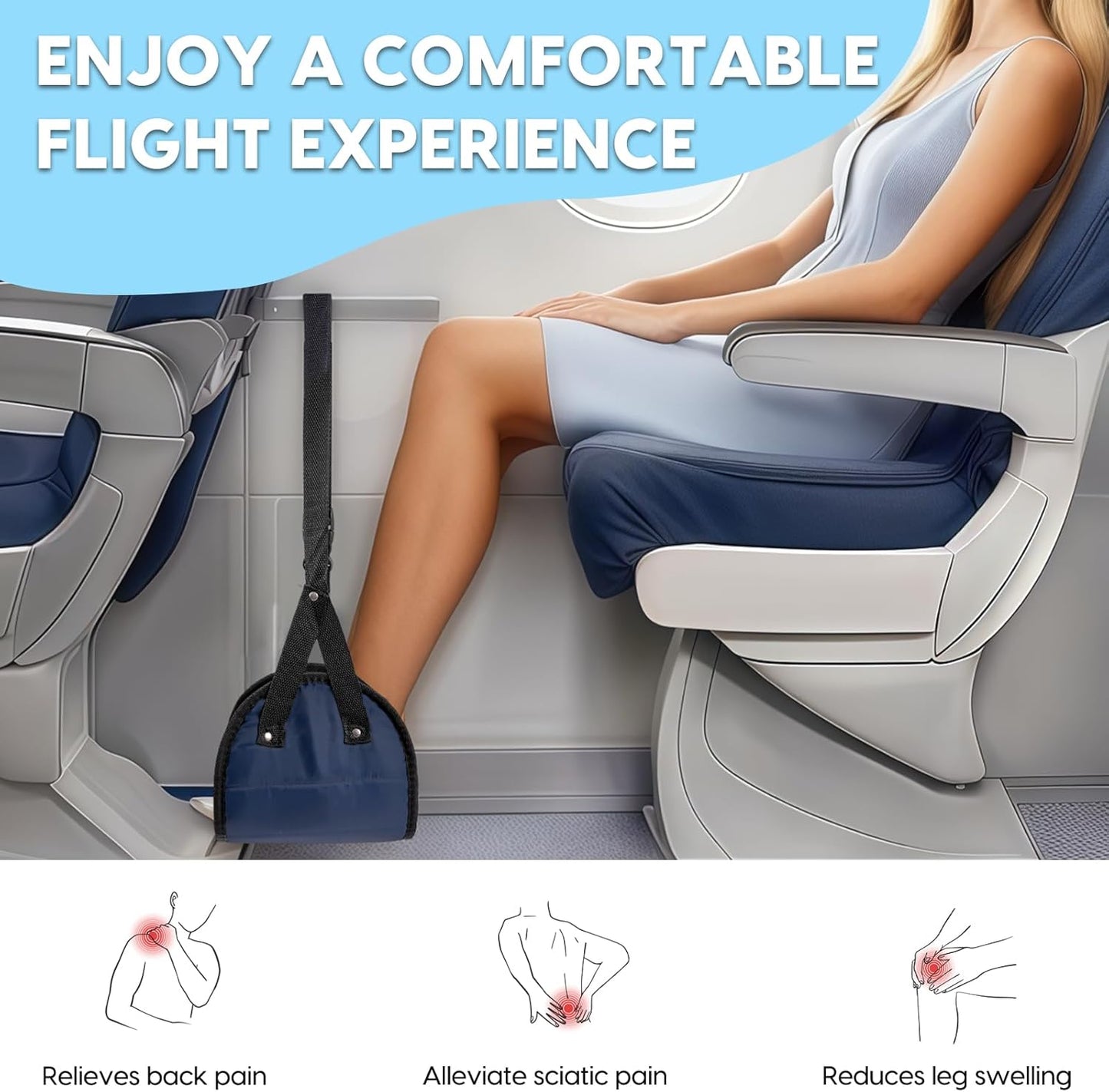 Foot Hammock for Plane Travel, 2-Pack Perfect Airplane Foot Hammock to Relax Your Feet, Portable Airplane Foot Rest with Adjustment Strap, Travel Essentials for Comfortable Long Flight (Blue)