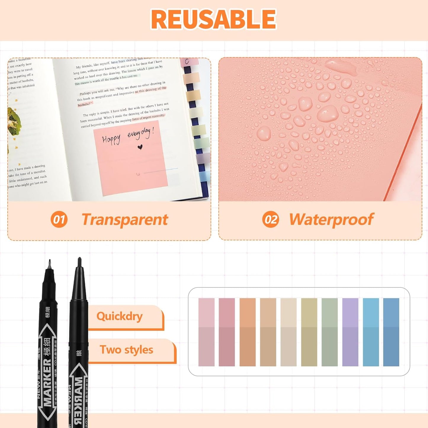 Jutom 39 Pcs Aesthetic Book Annotation Kit Highlighter with Pencil Case Bag Gel Pen Transparent Sticky Note Taking Bible Study College School Supplies(Orange,Classic Style)