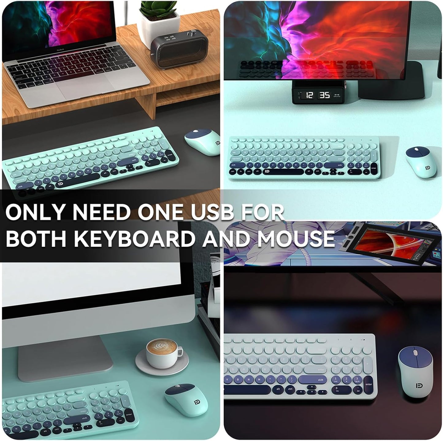 FD Wireless Keyboards and Mouse Combo - 2.4GHz USB Cordless, Cute Wireless Keyboard Round Keys, Quiet and Slim Set for Laptop, Computer, TV and Mac - Indigo Blue Colorful