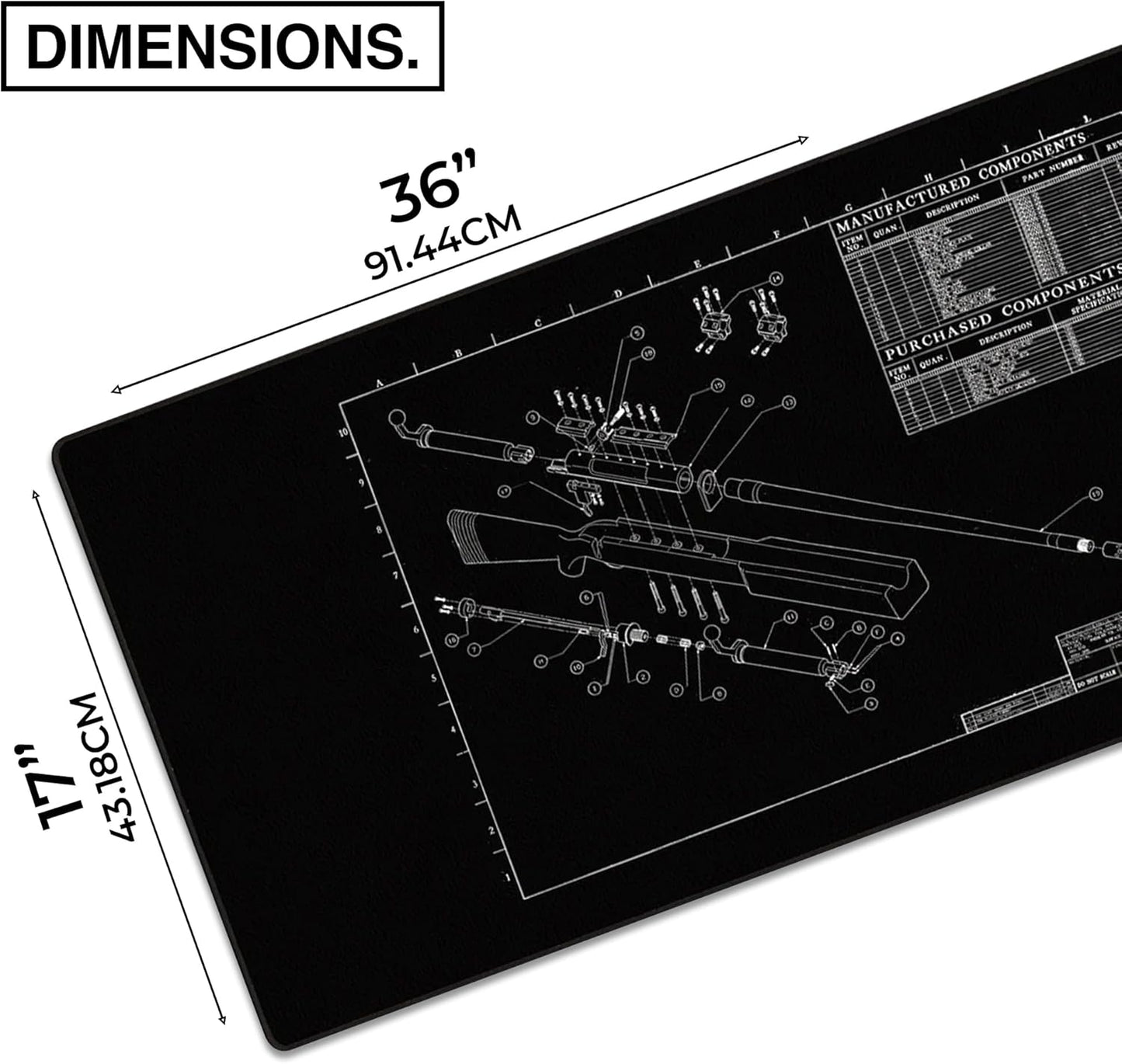 MPCO. Blueprints Large Gaming Desk Pad - 36" x 17" Duraglyde Fabric Browning 50 Cal – Black Desk Mats - Non-Slip, Washable, Smooth Glide for Precision Gaming & Work
