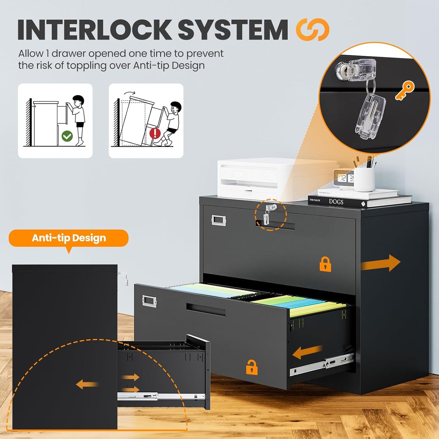 2 Drawer File Cabinets for Home Office, Metal Filing Cabinet with Lock, Black Locking File Caninet Two Drawer, Office Storage Caninets Steel Cabnet for Letter/Legal/A4/F4-Assembly Required