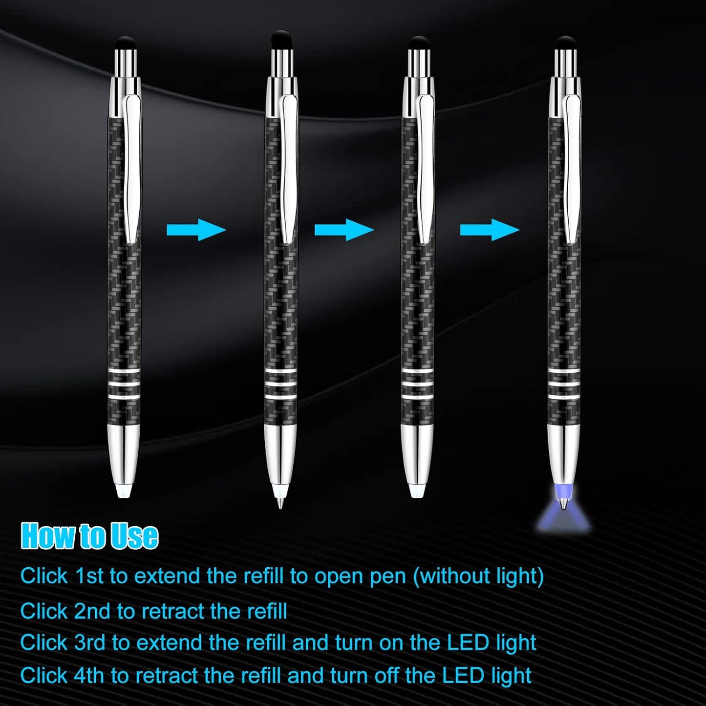 Glovion Lighted Tip Pen With Stylus 3-in-1 - LED Penlight Ballpoint Pen for Writing in the Dark - Pack of 3 - Blue Light - GL006