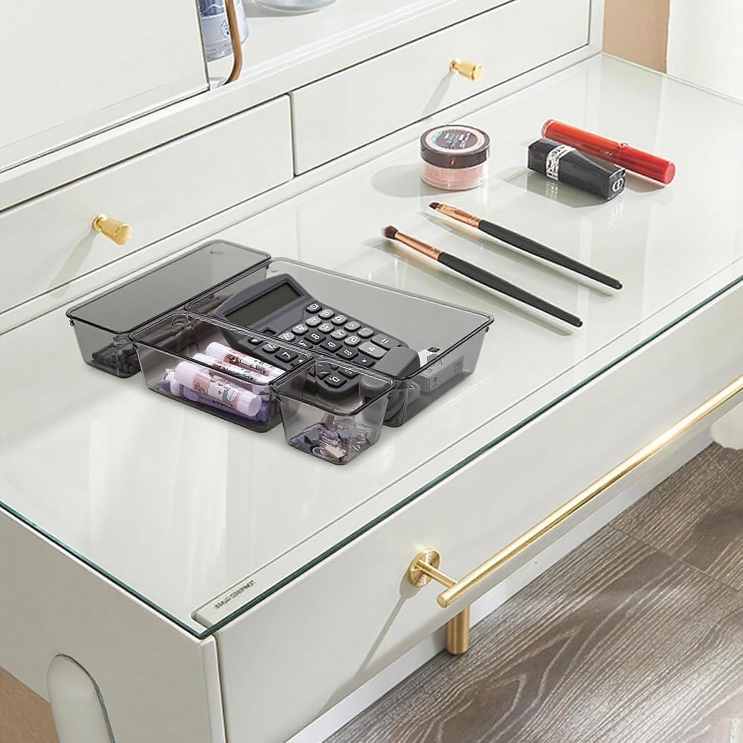 Kitchen Desk Drawer Organizers Storage for Office, Small Acrylic Vanity Trays Makeup Organizer for Drawer Bathroom Plastic Make up Organizers 25 Pcs Clear Black