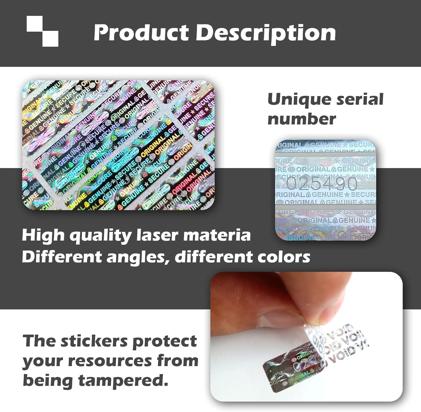 180pcs Tamper Proof Hologram Stickers Security Seal Genuine Warranty Void Label Tamper evident Seal Unique Serial Number (1.2x0.4inch)