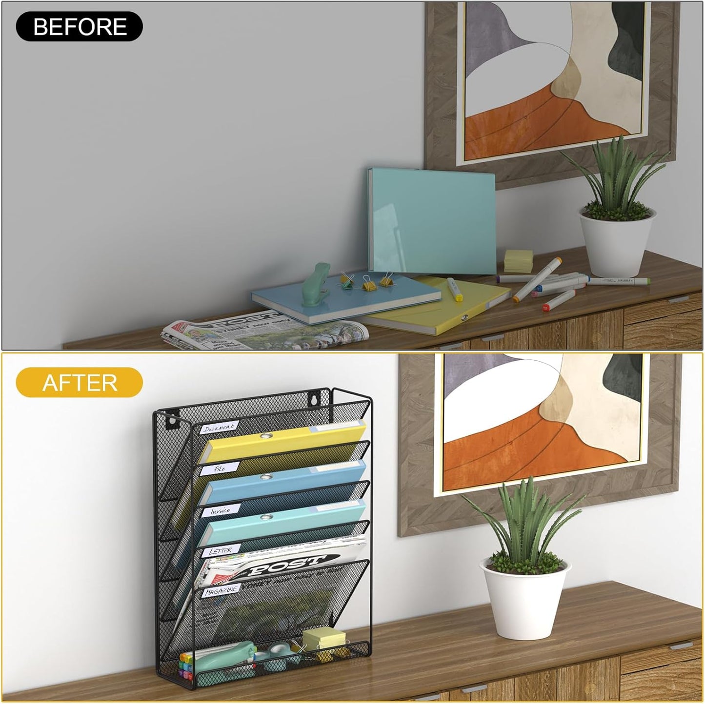 Hanging Folder Organizer Mesh 6 Tier, Wall File Organizer Hanging Paper Organizer, Wall Mount Mail Storage, Office Organization and Storage Rack for Home Office, Black