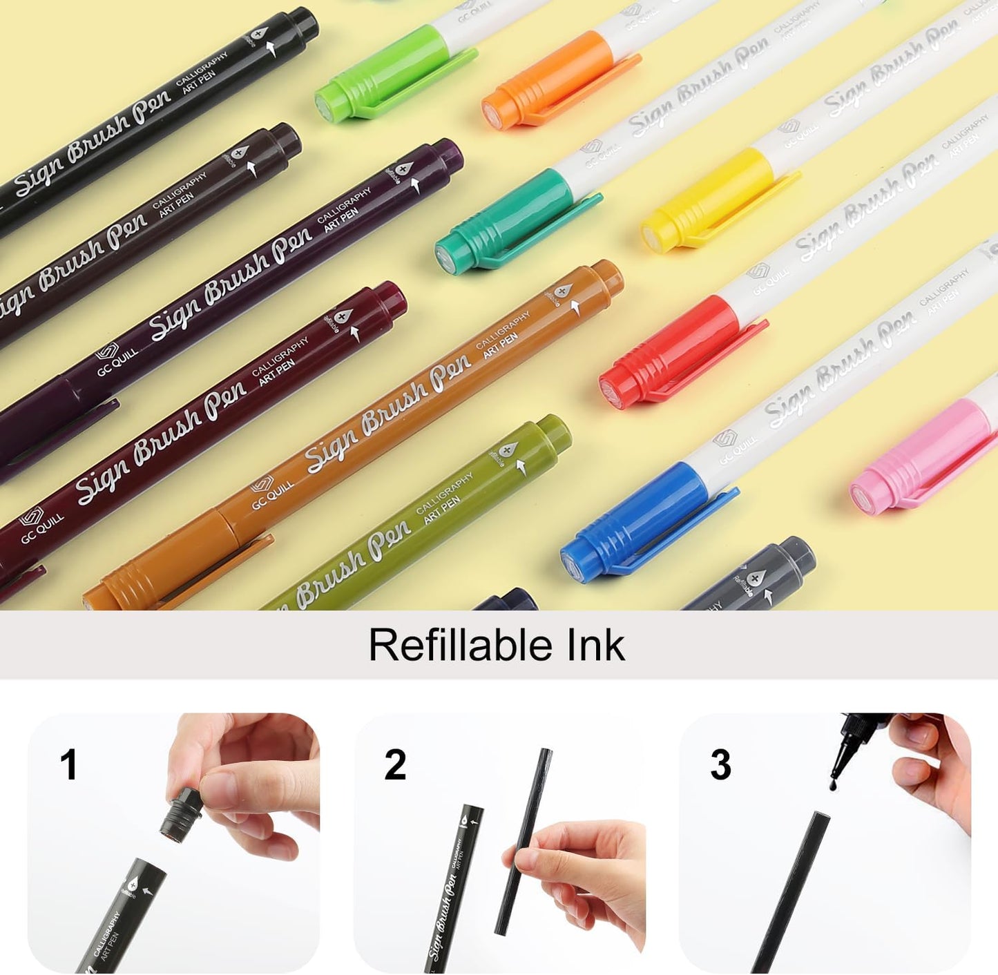 GC QUILL Fudenosuke Brush Pen - 16 Colors Calligraphy Brush Pens for Hand Lettering, Calligraphy, Drawing, Writing, Journaling GC-SB16