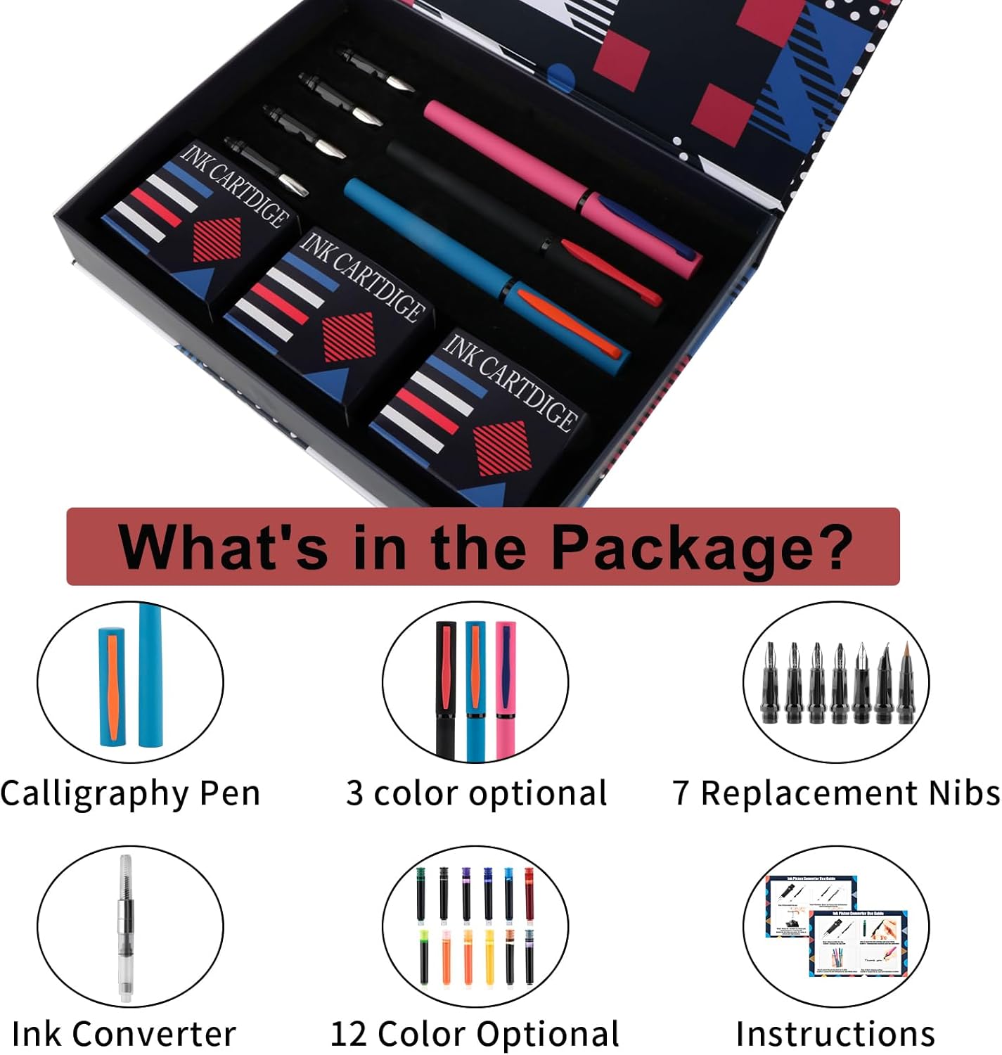 Calligraphy Pen Set,Fountain Pens with 7 Different Replaceable Nibs with 60 Ink Cartridges(12 Colors),Calligraphy Set for Beginner Writing Drawing