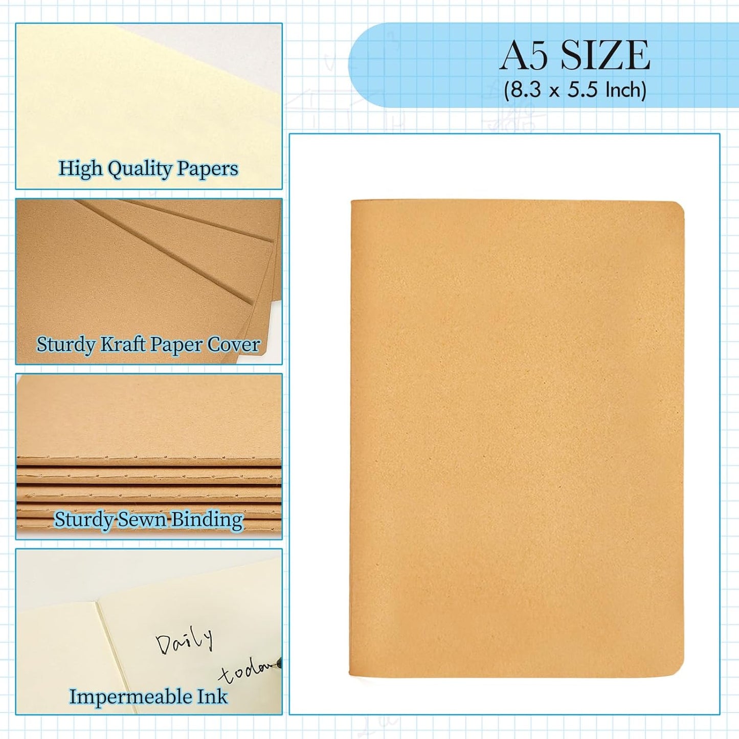 100 Pack Notebooks Bulk, Journaling Kraft Notebooks 5.5 x 8.3 A5 Softcover Notebook for Travelers Students Office Writing Sketch Travel Journal Notepad with 72 Pages 36 Sheets (Brown-Unlined)